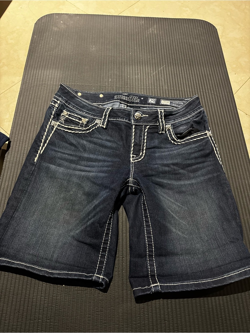 Miss Me Dark Navy Denim Bermuda Shorts with White Contrast Stitching